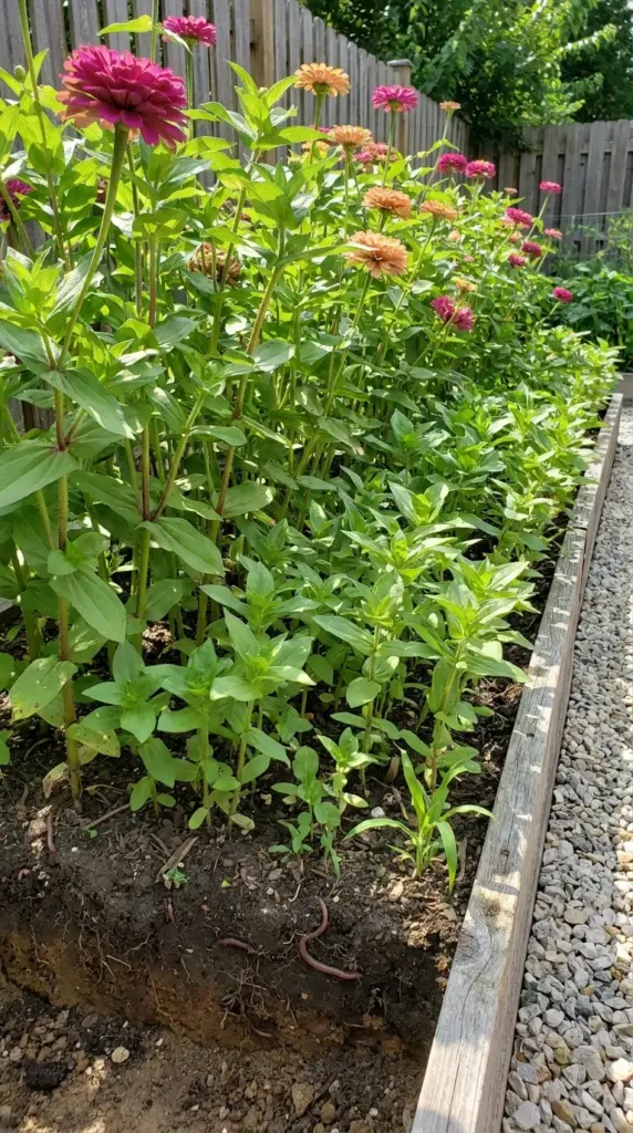 Multi-level seeding layers in a flower garden layout with zinnias at different growth stages.