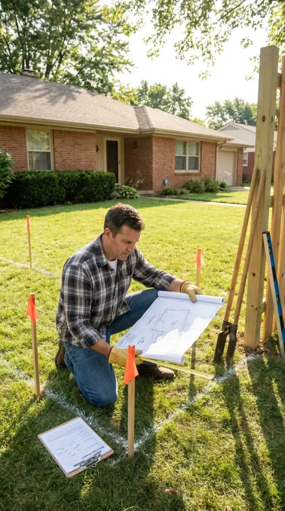 Homeowner checking property line, fence permit, and backyard fence layout before installation