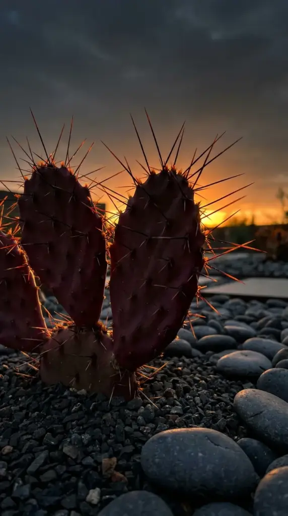 Dramatic purple prickly pear cactus with long black spines in a modern rock garden.
