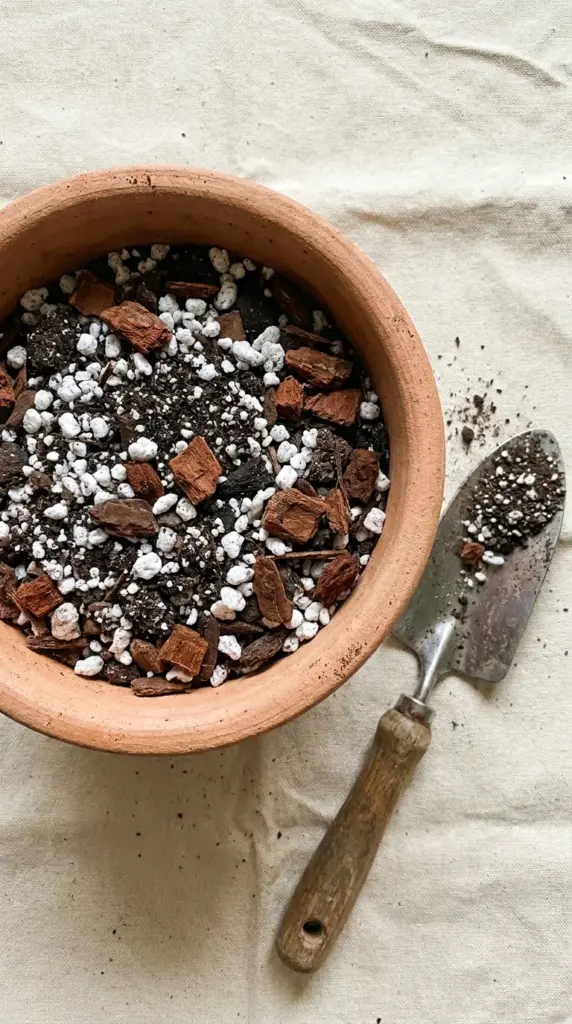 Chunky well-draining potting soil mix with perlite and orchid bark inside a classic terracotta pot.