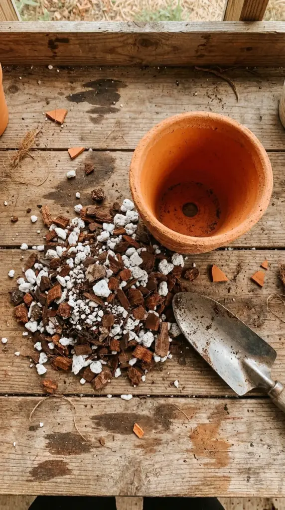 A well-draining potting soil mix with perlite and orchid bark next to an unglazed terracotta pot.