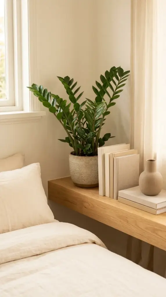 A ZZ plant decorating a bedroom bookshelf in a beautifully styled low-light interior.