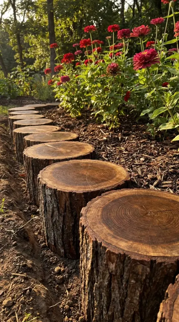 Reclaimed wood slices used as eco-friendly rustic border edging for a summer flower garden.