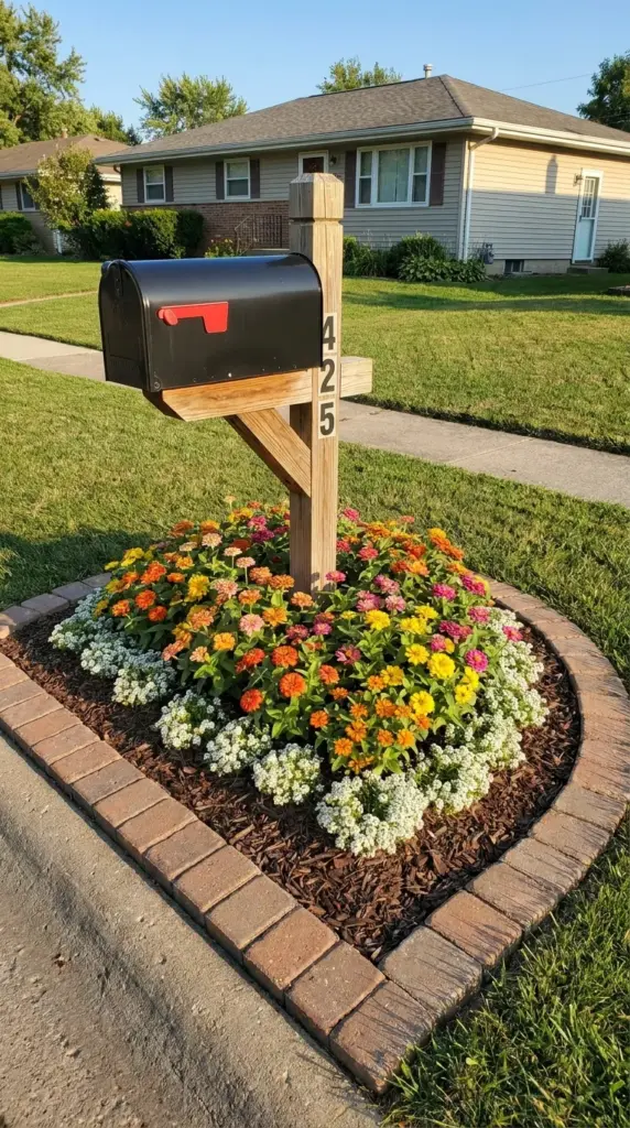 Mailbox ring with dwarf zinnias and low filler plants for easy front yard curb appeal