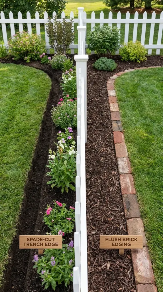 Deep-set brick edging compared with the 3-inch lawn edging rule for garden bed borders