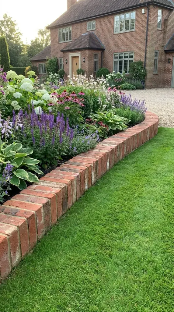 Soldier-course upright brick border creating a strong grass barrier in a formal garden bed