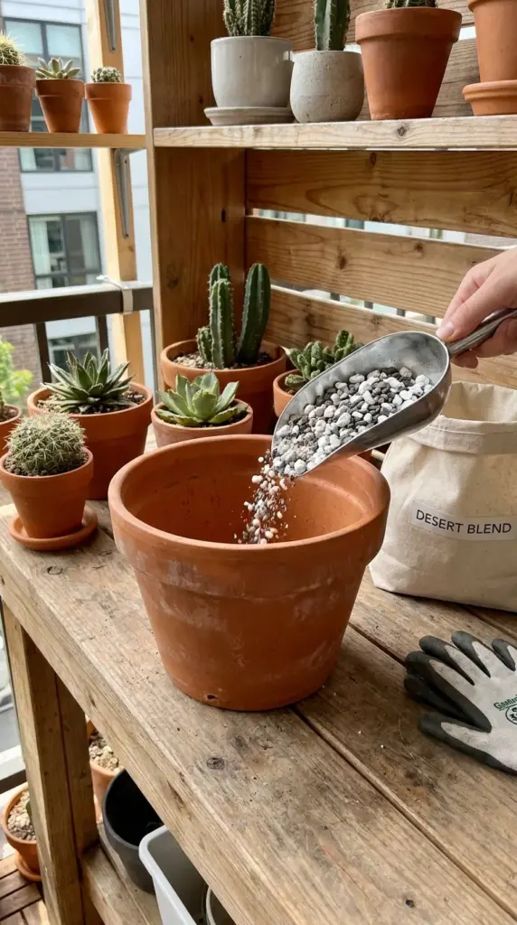 Preparing a porous terracotta pot with a custom gritty sand and perlite mix for planting a cactus.