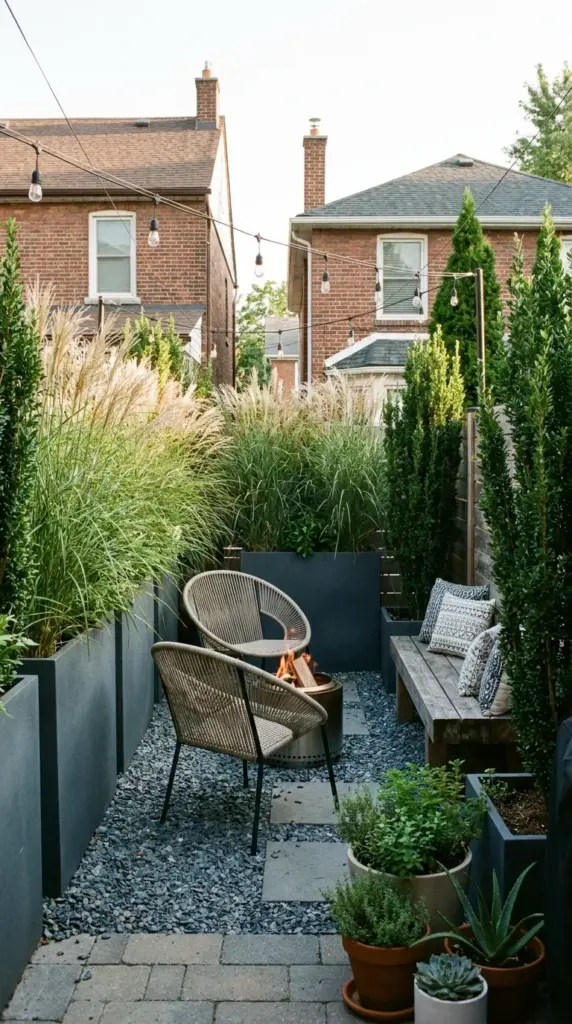 tall planter privacy screen with ornamental grasses for small backyard privacy ideas