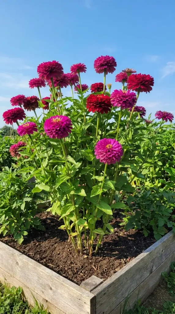 Tall Benary's Giant zinnias growing in a wooden raised bed for a backyard cutting garden.