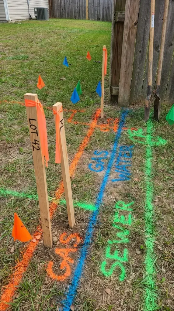 Property line survey markers and 811 utility locate flags before digging fence post holes