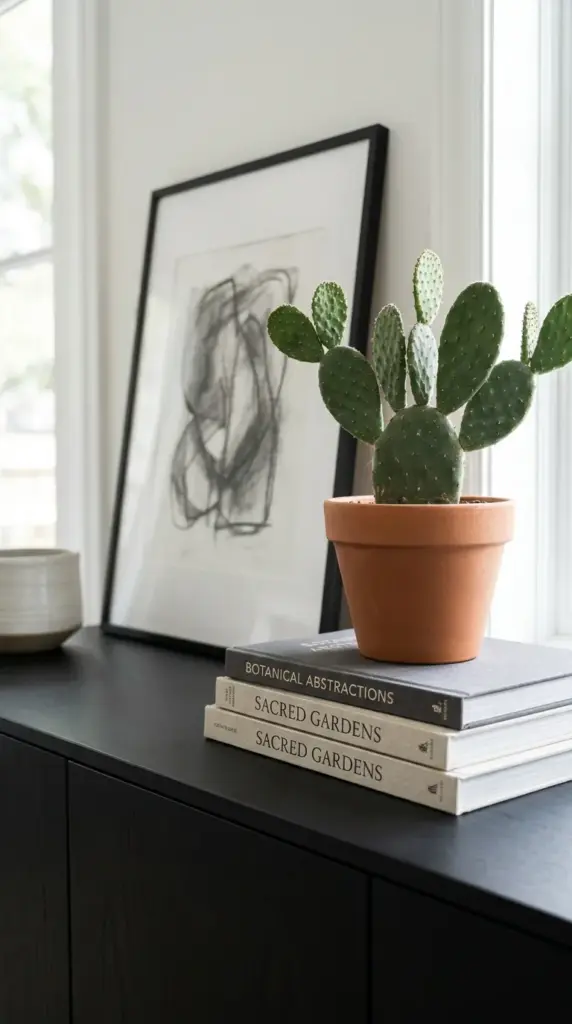 Potted prickly pear cactus arranged on a dining room sideboard vignette with design books.