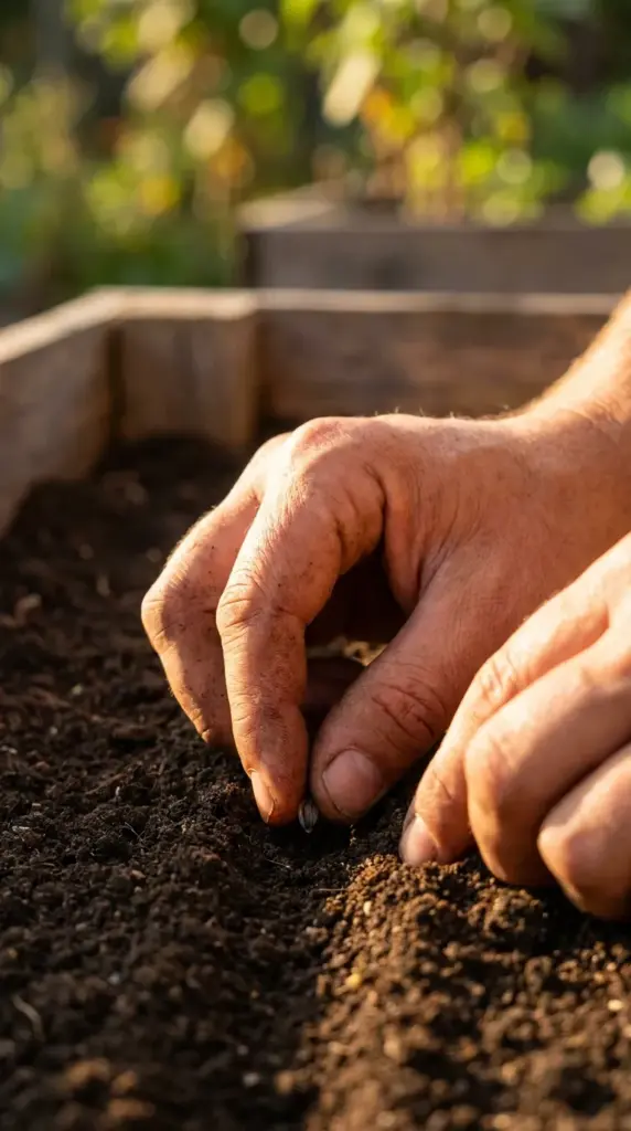 A gardener direct sowing zinnia seeds a quarter-inch deep into warm spring soil.