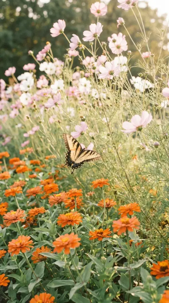 Delicate pink cosmos flowers and bright orange zinnias swaying together in a breezy summer garden.
