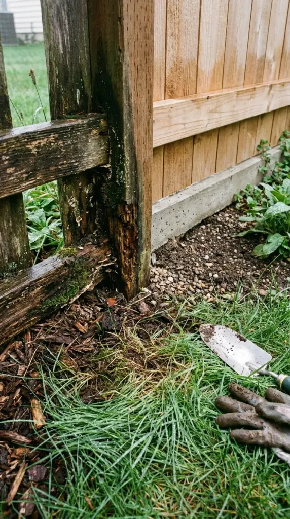 Wood fence touching soil and mulch causing rot compared with proper bottom rail clearance