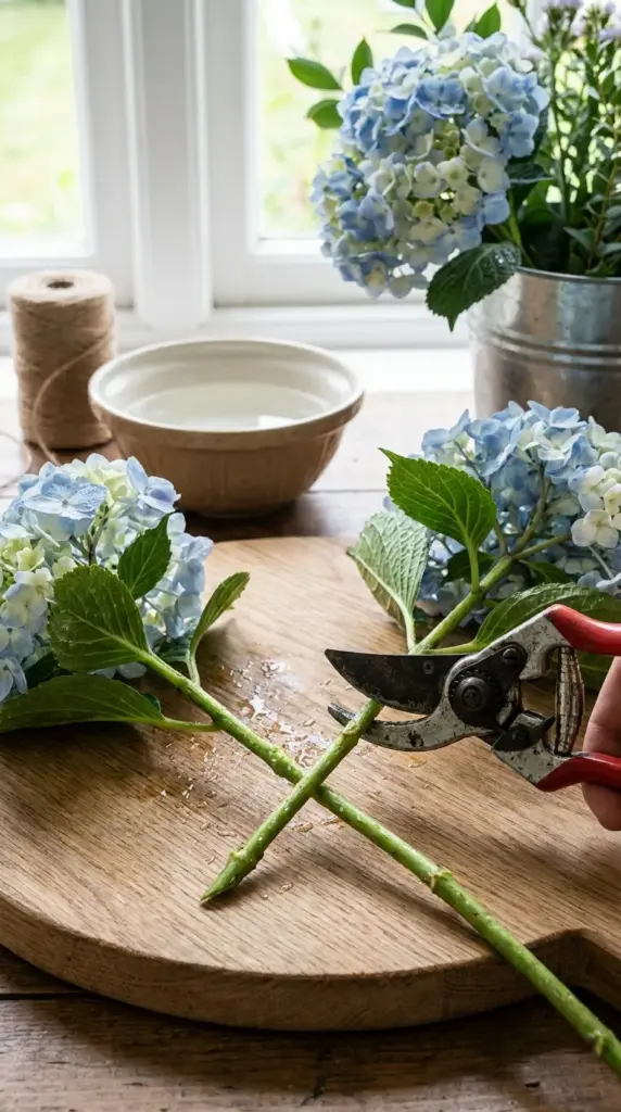 Cutting hydrangea stems at an angle like a florist for better hydration and longer cut flower longevity