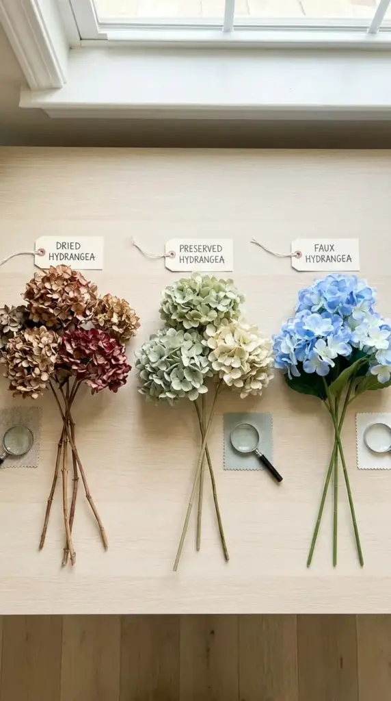 dried hydrangea preserved hydrangea and faux bouquet comparison with texture and stem differences