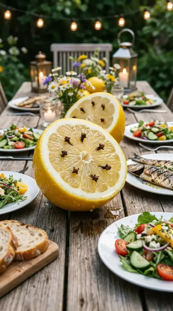Lemon and clove repellent on an outdoor table for natural mosquito deterrent and patio mosquito control
