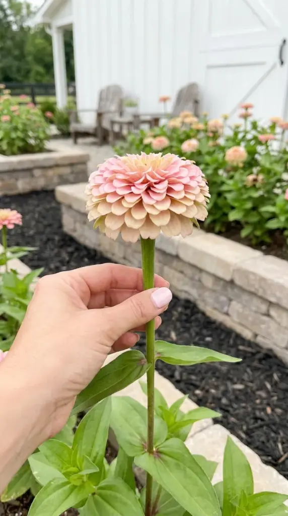 A thick, sturdy zinnia stem supporting a heavy double flower head due to adequate calcium.