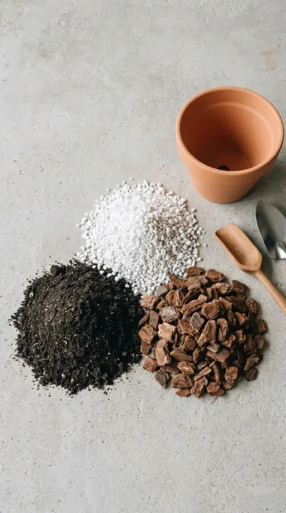 A chunky 3-part potting soil mix with perlite and orchid bark for fast-draining houseplant roots.