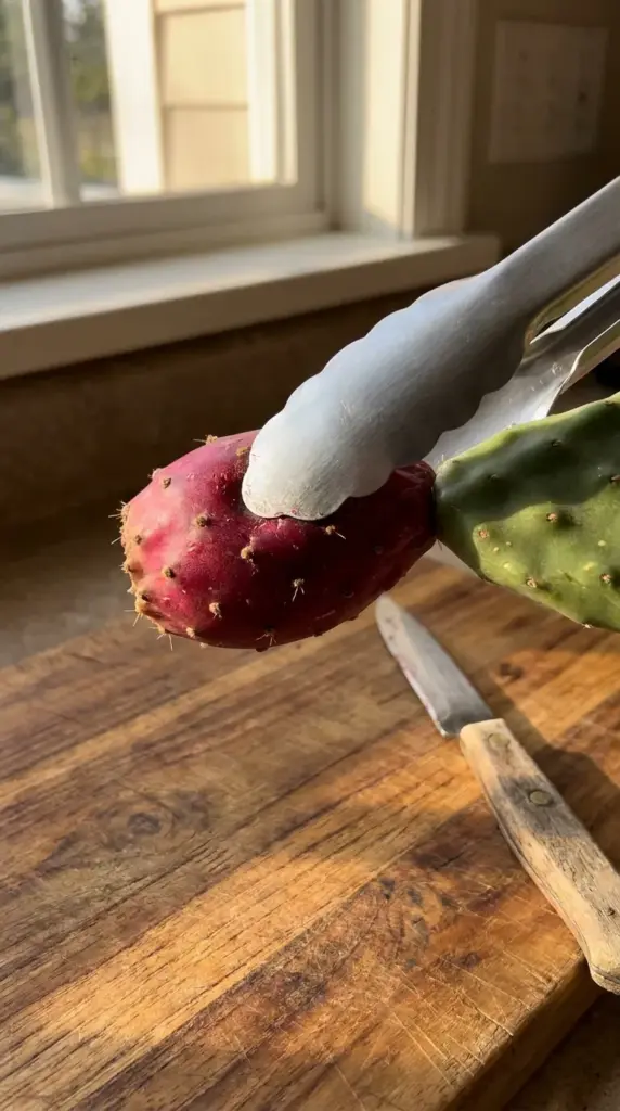 Harvesting a ripe magenta prickly pear fruit from an indoor cactus pad using kitchen tongs.