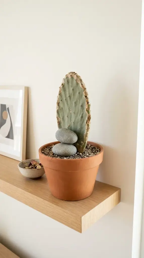 A newly planted prickly pear cactus pad cutting standing upright in a gritty soil mix inside a terracotta pot.
