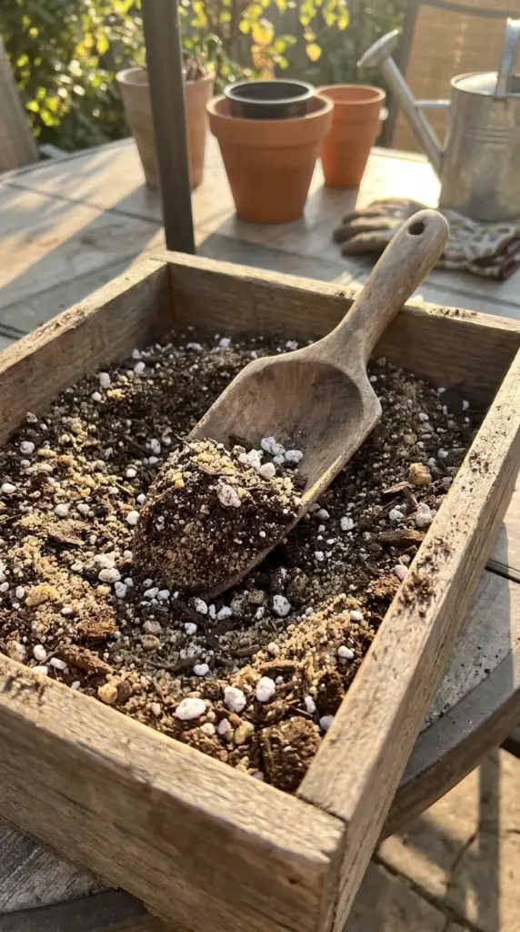 A homemade well-draining cactus potting mix containing regular dirt, coarse sand, and perlite in a bowl.