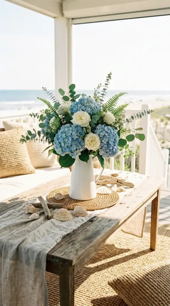 Coastal summer hydrangea bouquet with blue and white flowers for porch decor and beach-inspired centerpieces