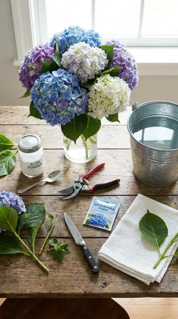 Hydrangea bouquet care tools including alum powder vase pruners and flower food