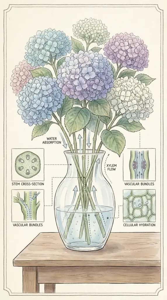 cut hydrangea care illustration showing hydrangea water needs and stem hydration
