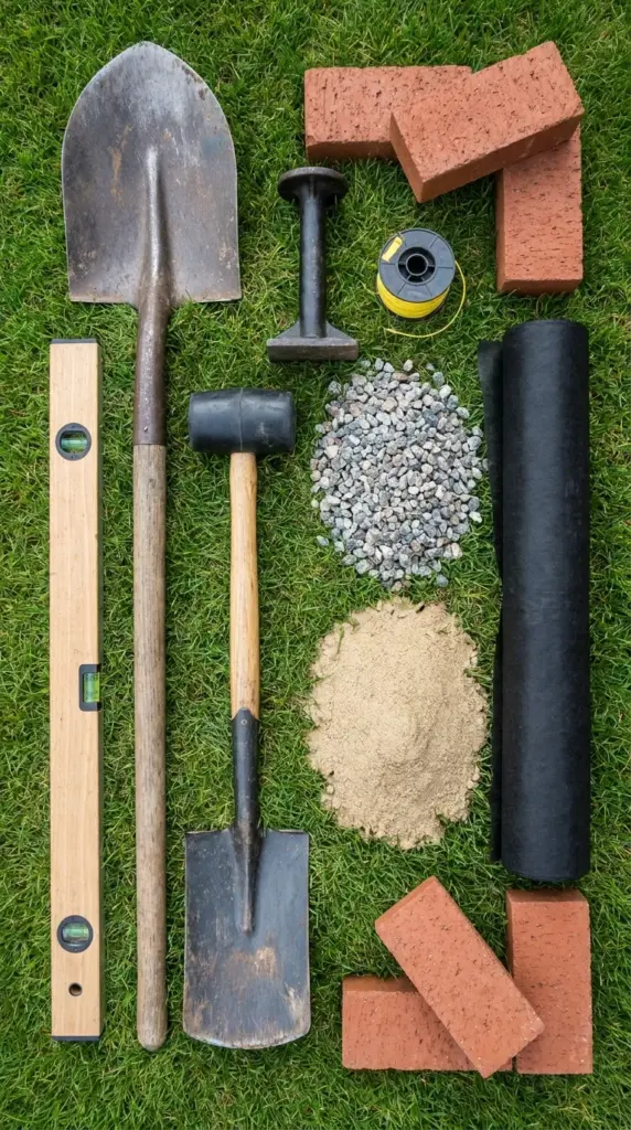 Tools and base materials for installing lawn edging bricks without mortar