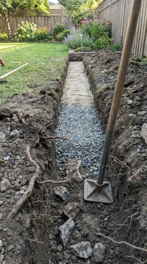 Trench for brick edging with compacted gravel, leveling sand, roots, and proper base prep for a stable border