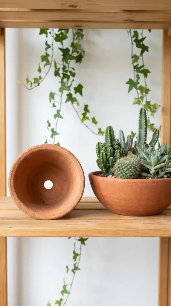 Porous terracotta pots for succulents showcasing proper indoor cactus drainage.