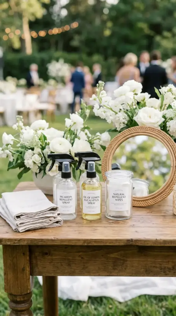 EPA-registered insect repellent station with picaridin spray and bug wipes for outdoor wedding guests