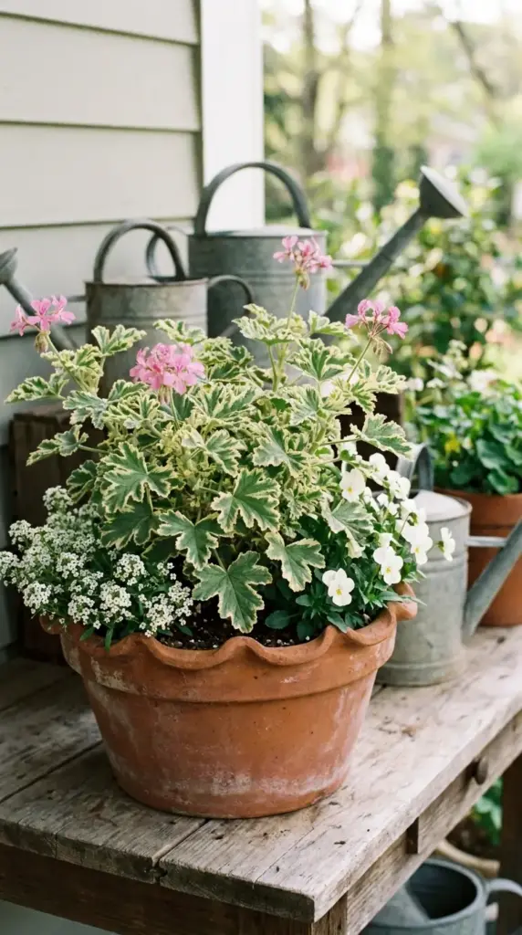 Scented geranium mosquito repellent plant in a decorative front porch container