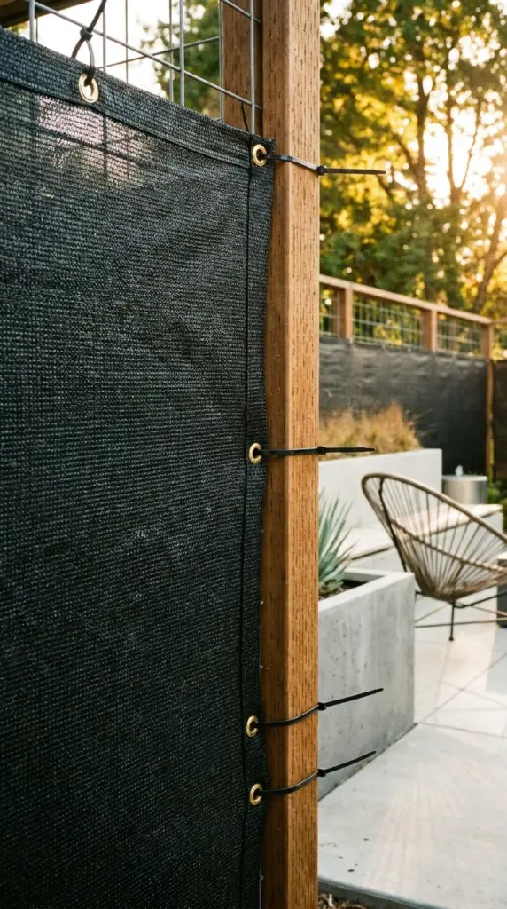 HDPE privacy screen with brass grommets and zip tie installation for renter patio privacy