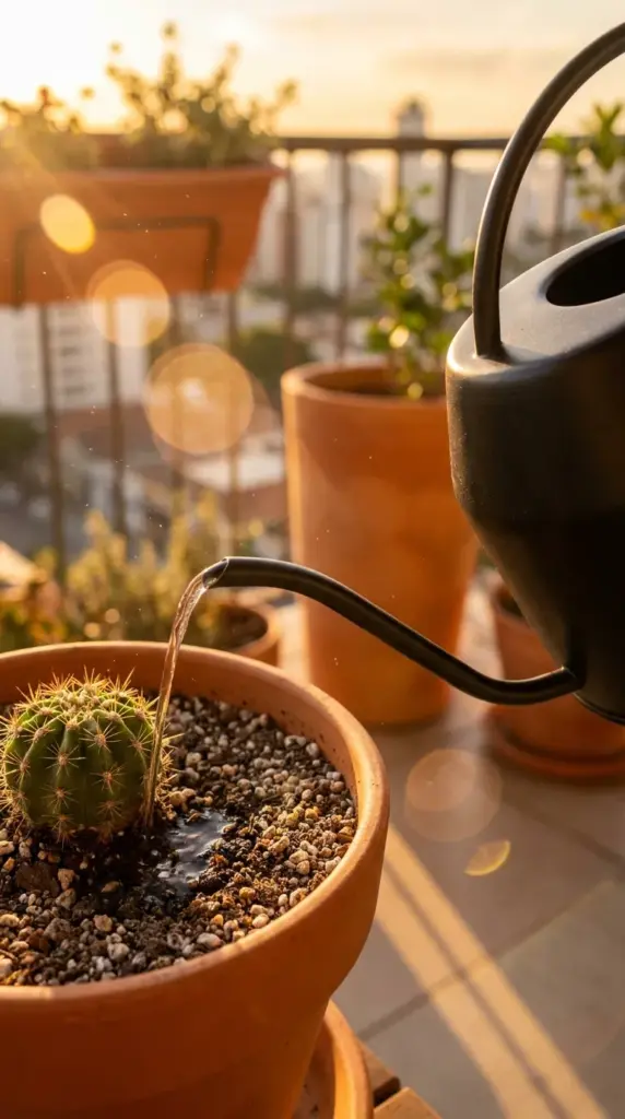 A matte black watering can pouring water onto the soil of a potted prickly pear cactus during golden hour.