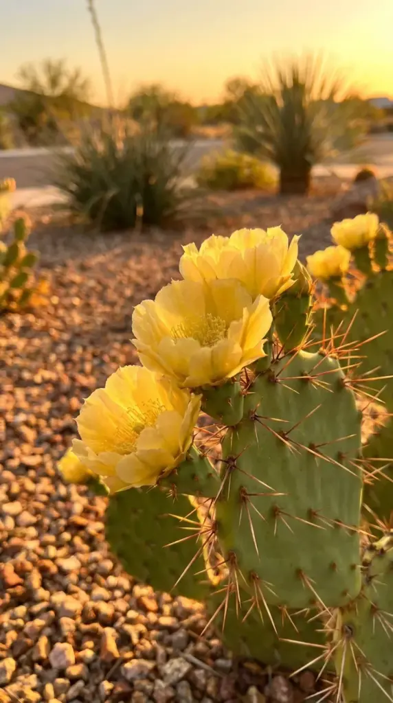 Macro shot of beautiful yellow flowers blooming on a prickly pear cactus pad in spring.