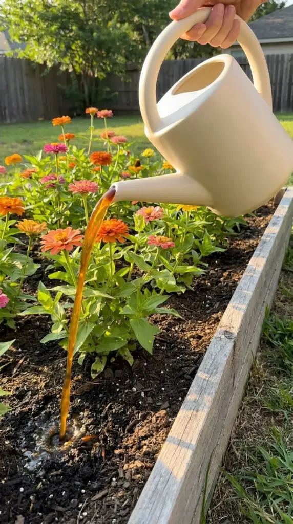 Pouring a homemade alfalfa meal tea root drench onto zinnia bed soil to stimulate stem growth.
