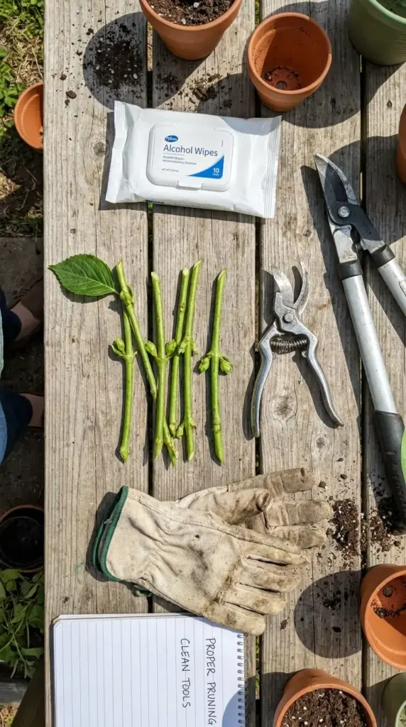 Safe hydrangea pruning basics with clean tools, healthy bud cuts, and proper pruning supplies