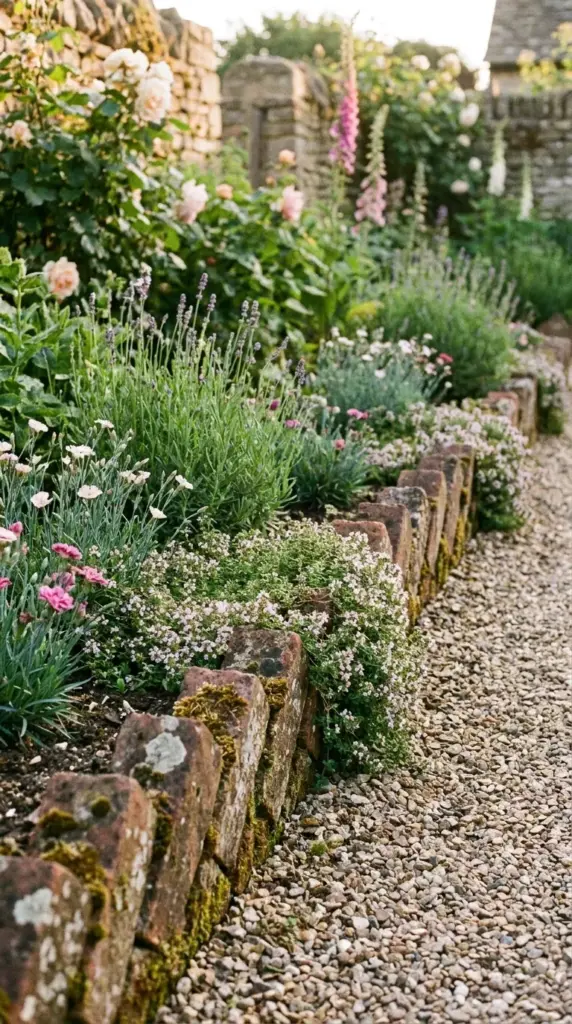 Sawtooth red brick edging along a cottage garden flower bed with thyme and lavender