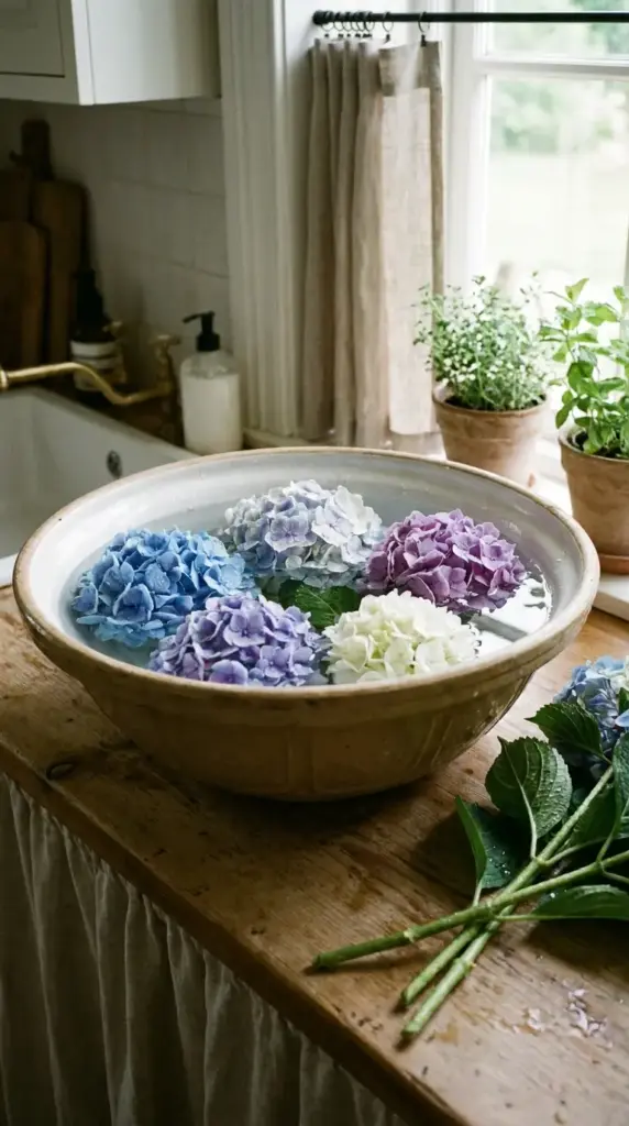 Soaking hydrangea blooms in cool water to rehydrate wilted flower heads quickly