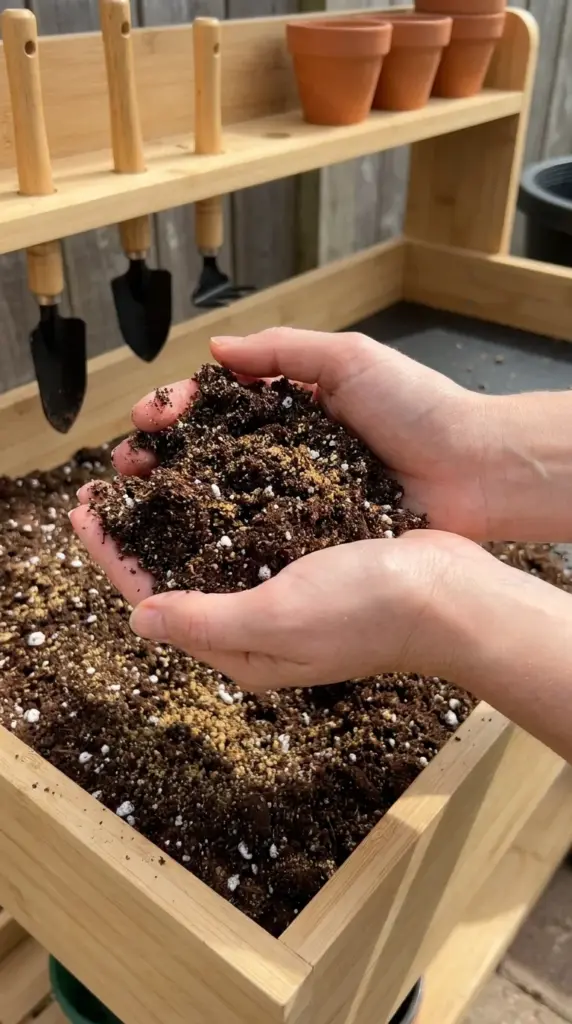 Fluffy soil mix with coarse sand and perlite for improved soil drainage in a raised bed.