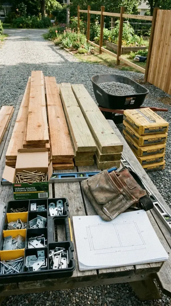 Cedar fence boards, pressure-treated lumber, and hardware for building a durable shadowbox fence