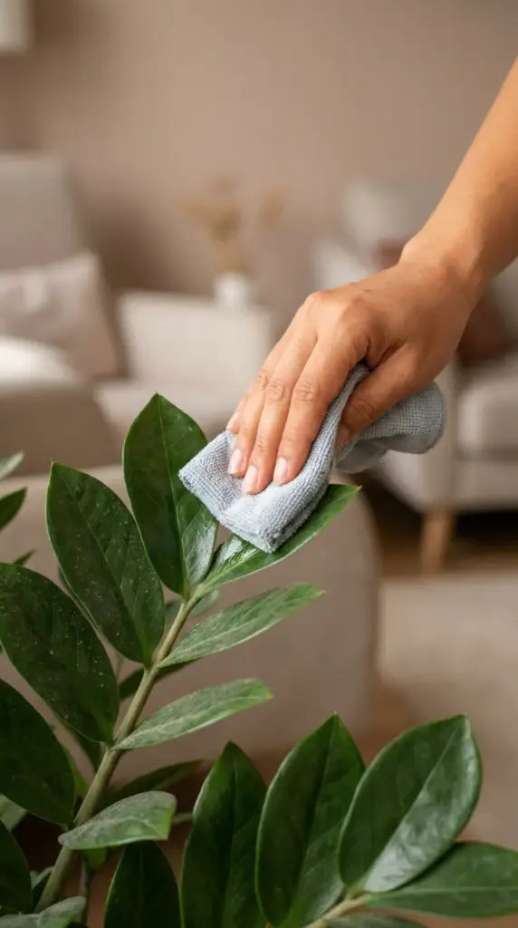 Cleaning a houseplant leaf with a damp microfiber cloth to remove dust from a ZZ plant.
