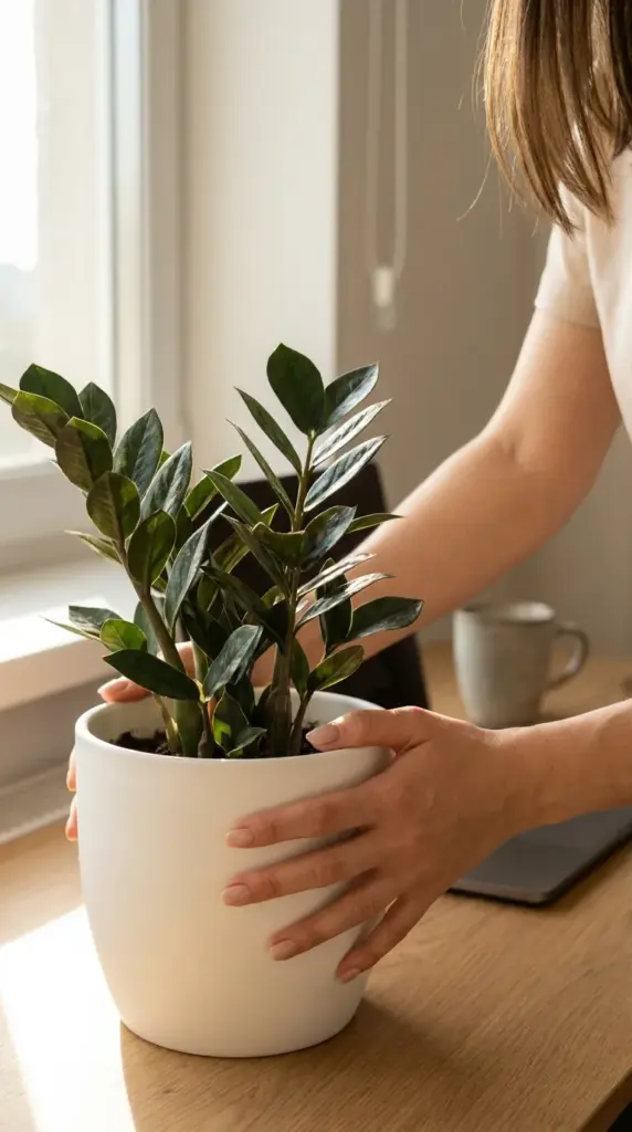 Rotating a potted ZZ plant a quarter-turn to promote straight and balanced growth toward indirect light.