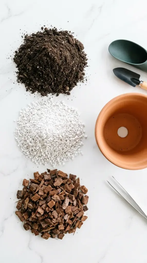 A chunky well-draining soil mix composition with perlite and orchid bark next to a terracotta pot with a clear drainage hole.