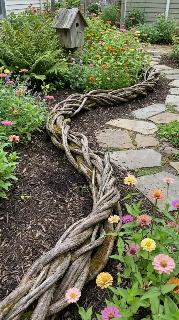 Whimsical flower bed border made from twisted, foraged wild grapevines in a natural landscape design.