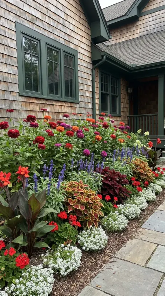 Layered foundation bed with tall zinnias, companion plants, and dramatic front-of-house color