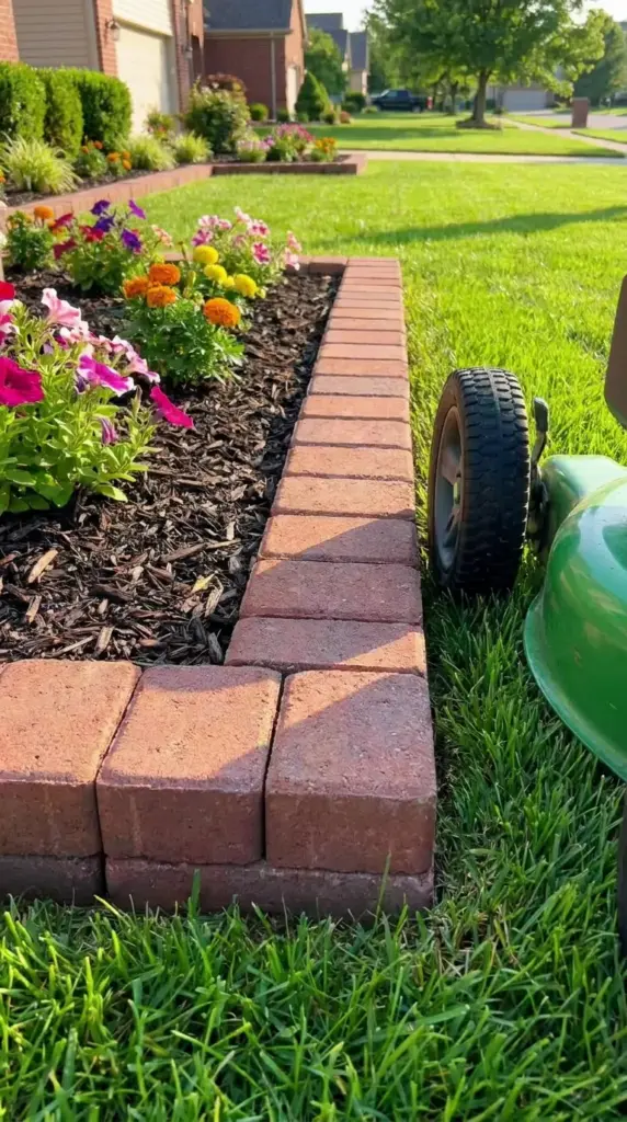 Benefits of deep-set brick edging with mower-friendly lawn border and clean mulch retention