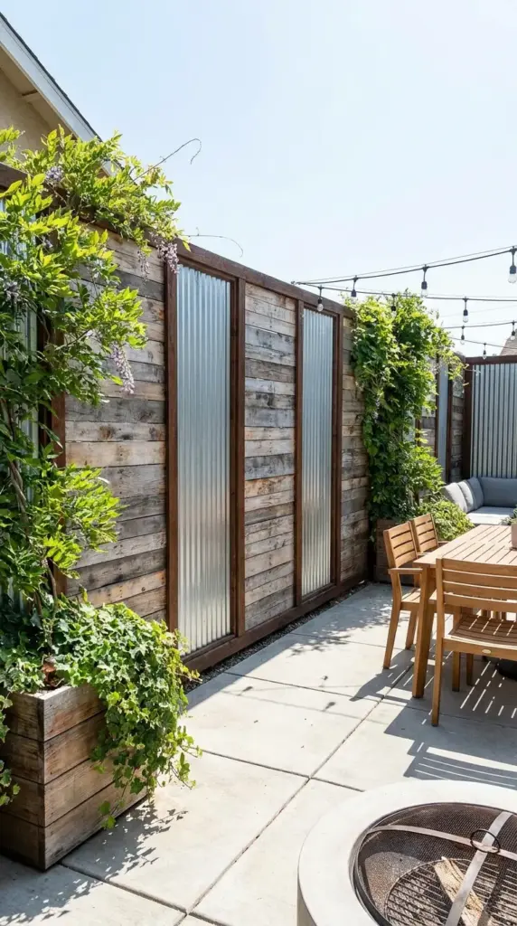 Reclaimed wood and corrugated metal fence for industrial farmhouse backyard privacy